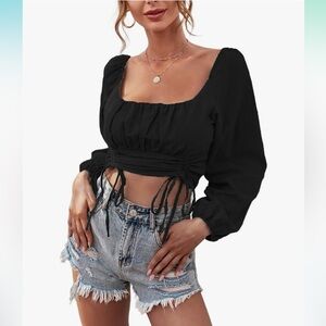 Remidoo Drawstring Front Medium Black Puff Sleeve Square Neck Crop Top Blouse